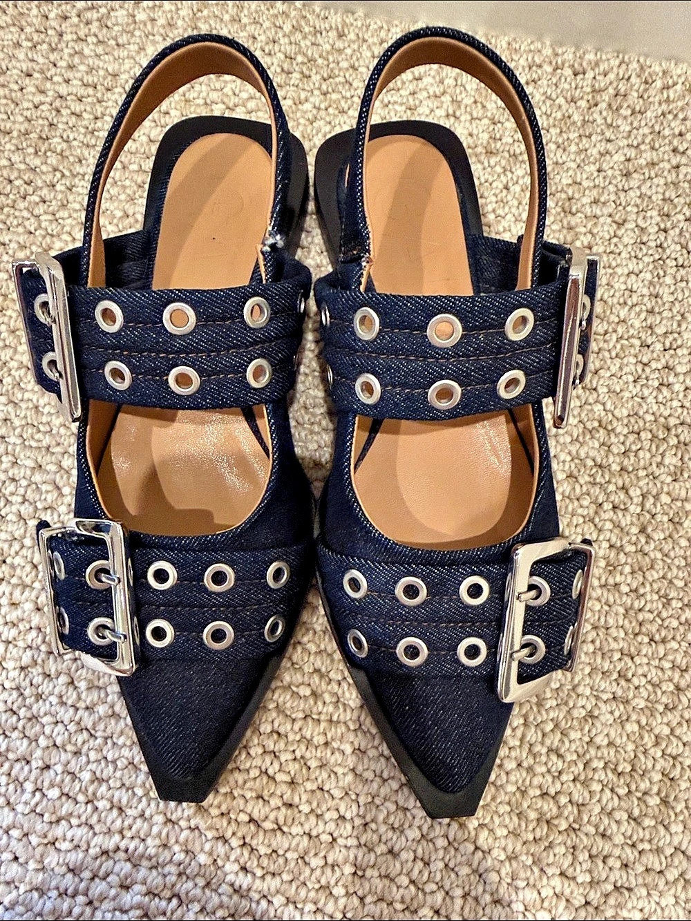 Ganni Denim Slingback Flats with Eyelet Buckle Straps in Blue
